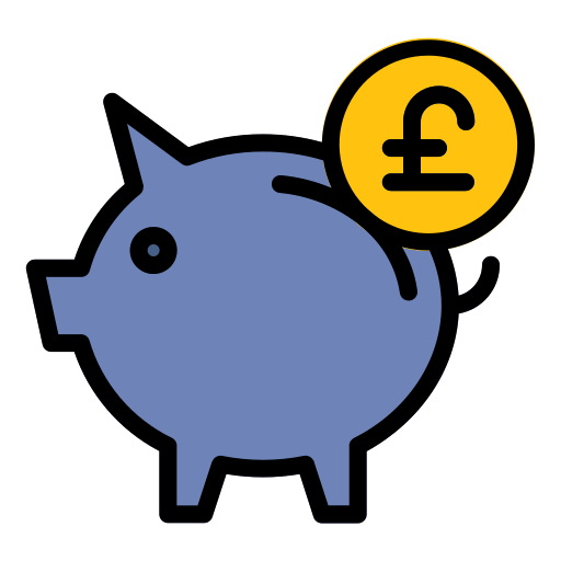 A cartoon piggy bank with a British pound coin being inserted.
