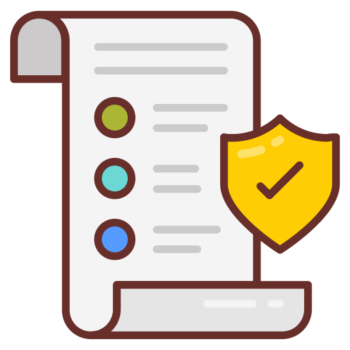 A checklist on a scroll with a shield symbol indicating security or protection.