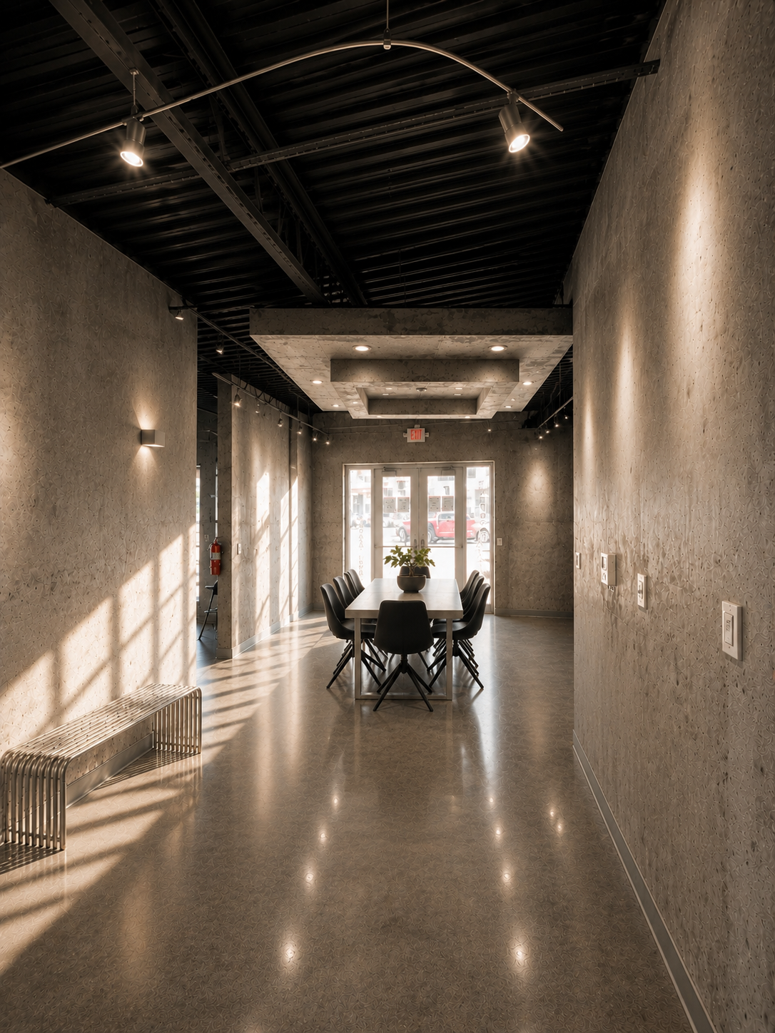 Modern dining room with a long table surrounded by black chairs, a potted plant centerpiece, and a glass front door letting in natural light.