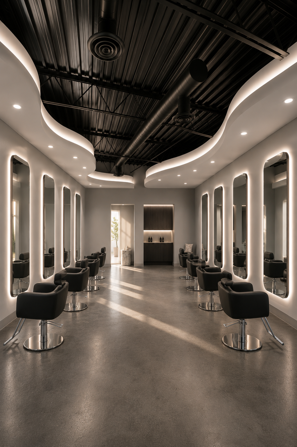 Modern hair salon with black styling chairs, illuminated mirrors, and minimal decor.