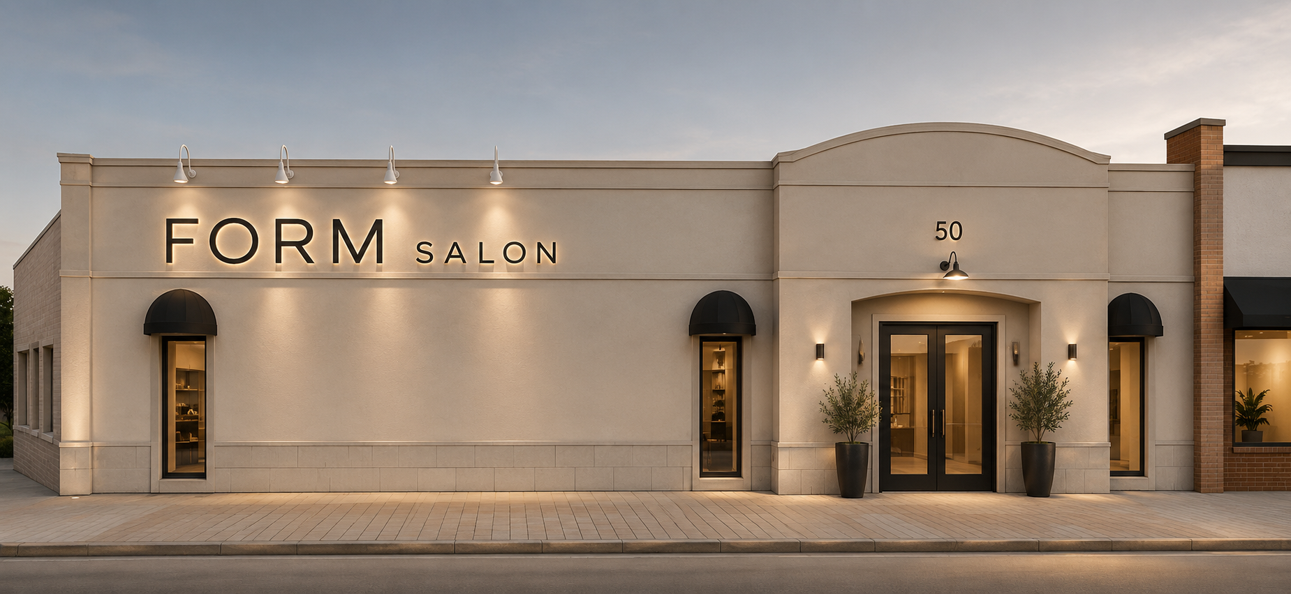 Front view of Form Salon building with beige exterior, black sign lettering, black awnings over windows, potted plants, and double glass doors at entrance. The number 50 is above the door.