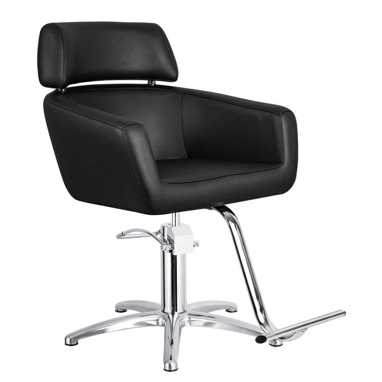 A black leather styling chair with a high backrest and chrome base, designed for salon or barber use.