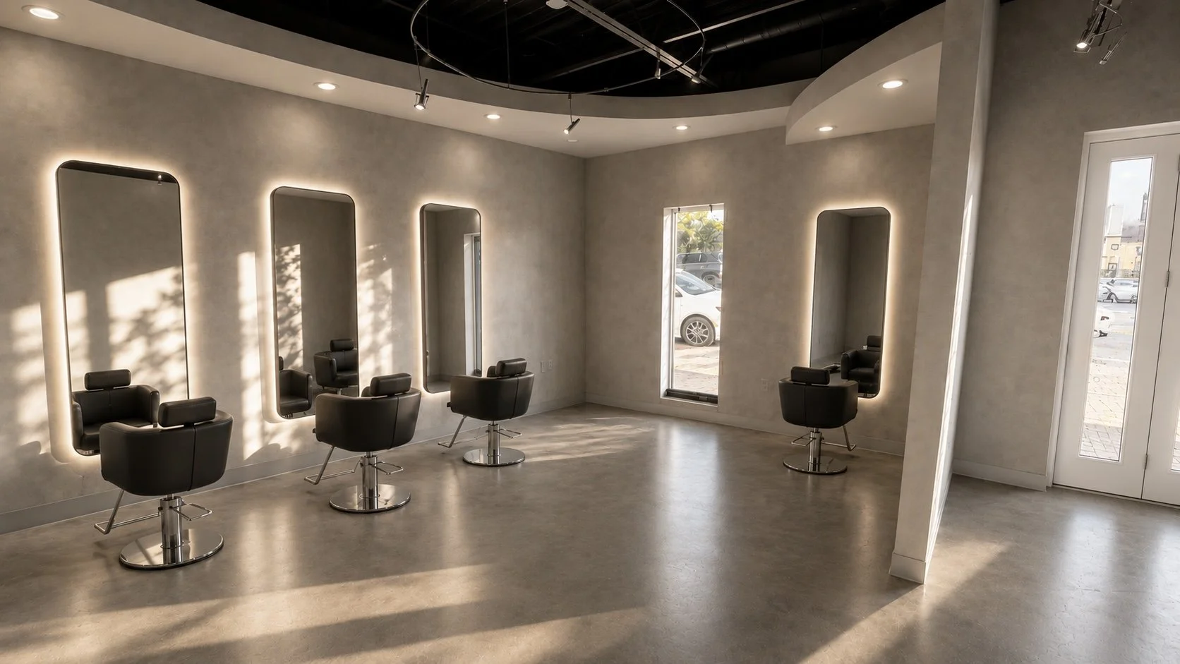 A modern hair salon with four styling chairs positioned in front of tall illuminated mirrors on a light-colored wall. The salon has tiled floors, recessed lighting, and large windows allowing natural light to enter.