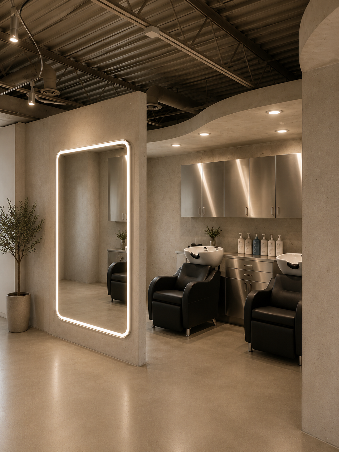 Modern salon wash area with two black chairs, white sinks, stainless steel cabinets, and a large mirror with LED lighting.