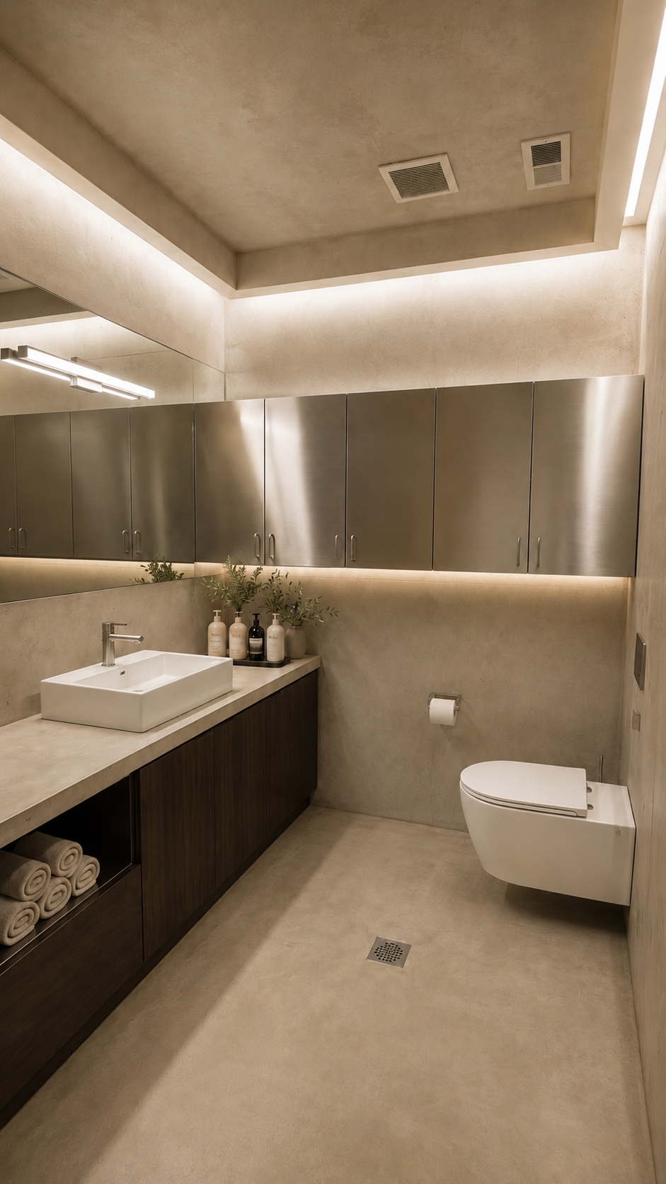 Modern bathroom with beige walls and floor, stainless steel cabinets, a white rectangular sink, a large mirror, decorative plants, and a wall-mounted toilet.
