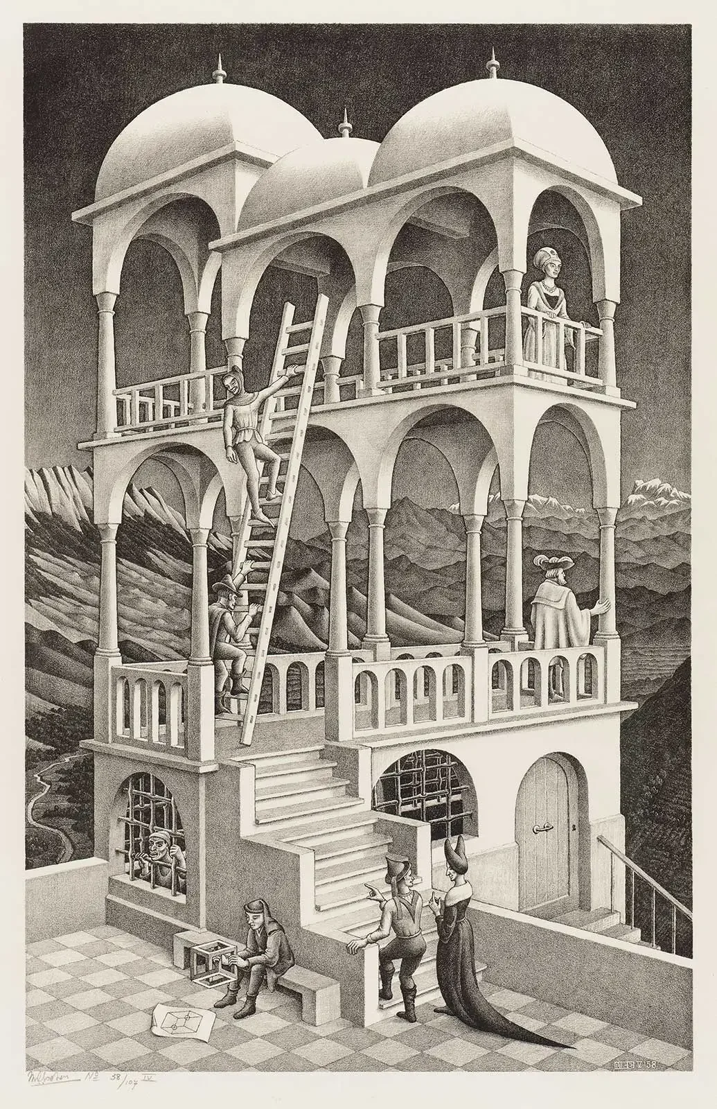 Belvedere by M.C. Escher, 1958 lithograph of an impossible building with figures holding a cube.