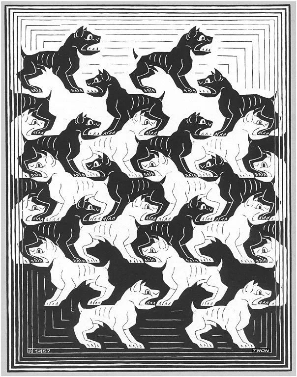 Regular Division of the Plane IV by M.C. Escher, 1938 woodcut of interlocking dogs..