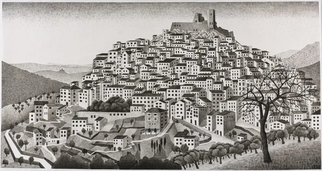 Montecelio by M.C. Escher, 1929 lithograph of an Italian hill town with clustered houses.