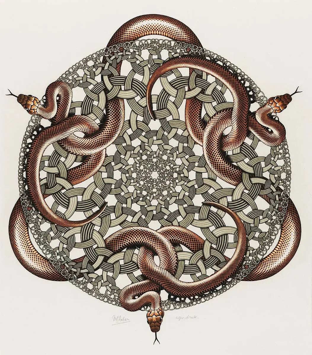 Snakes, 1969 woodcut of interlocking snakes forming a circular pattern. Artist's final work before his death.