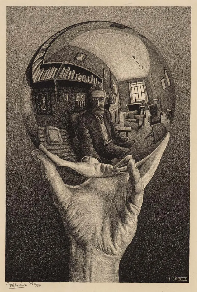 A surreal black-and-white drawing of a hand holding a round mirror or glass ball that reflects a room with a man sitting in a chair, bookshelves, a window, and various furniture pieces.