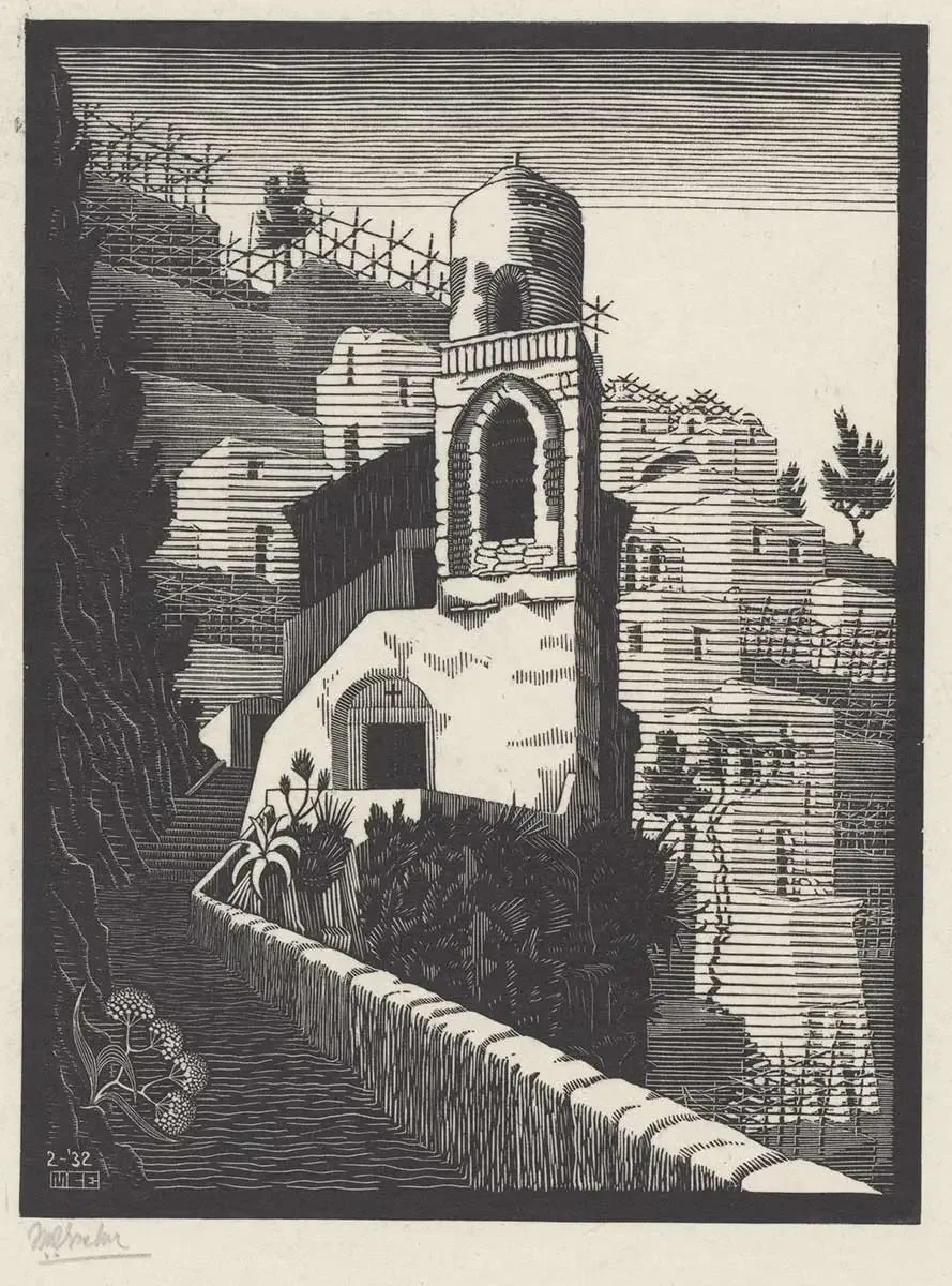 Montecelio, 1929 lithograph of Italian hill town.