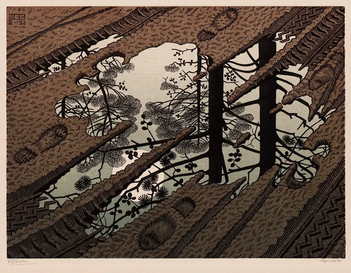 Puddle by M.C. Escher, 1952 woodcut of muddy tire tracks reflecting trees and sky.