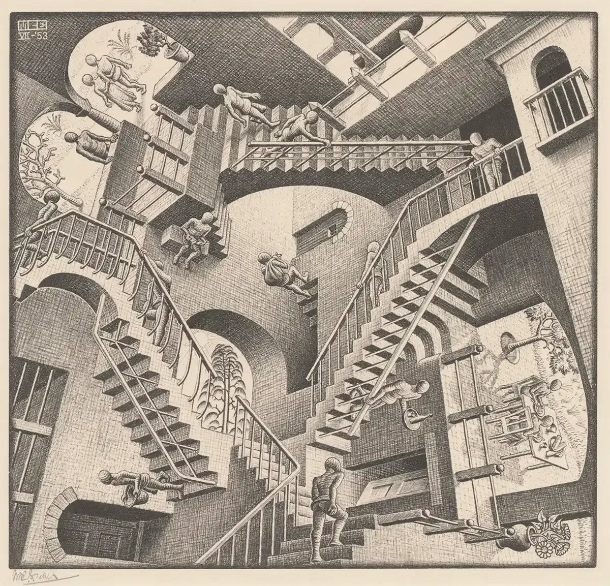 A complex black and white illustration of numerous people in various poses on staircases, balconies, and walkways within a multi-level structure. The scene has surreal and abstract elements, with figures walking, climbing, and interacting in a distorted architectural environment.