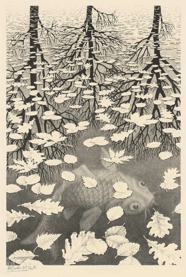 A fishing pond with fallen leaves on the surface, reflecting trees and branches, fish visible underwater, a large fish near the center, and a shoreline with trees in the background.