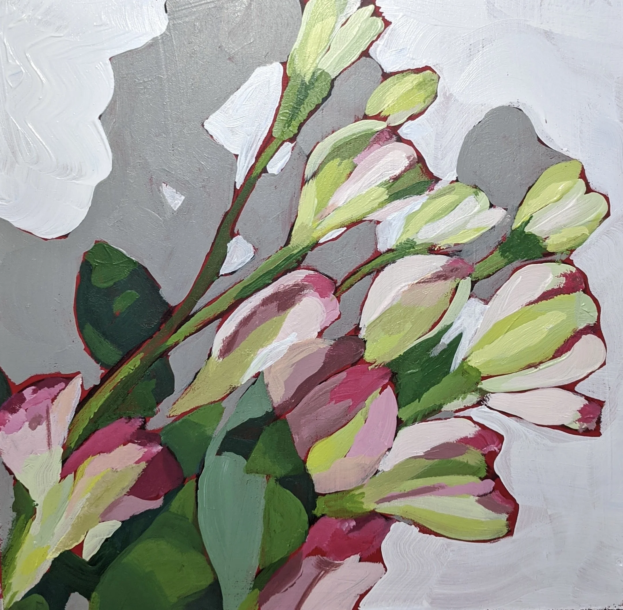Abstract floral painting with green leaves and pink-and-cream flowers on a textured gray background.