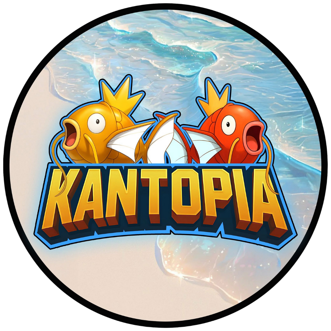 Logo for KANTOPIA featuring two colorful fish with expressive faces, set against a beach background with water and sand.