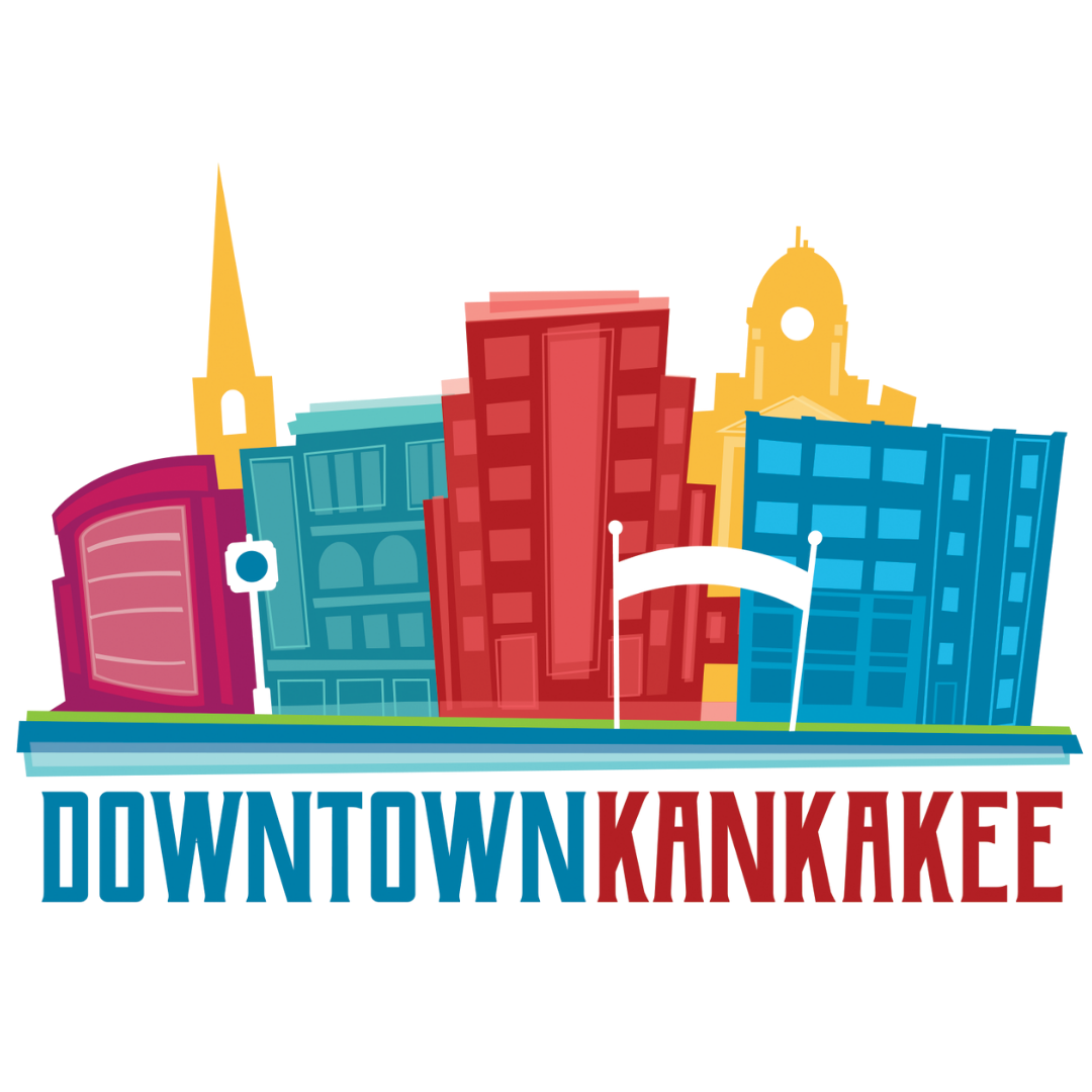 Colorful illustration of downtown Kankakee with buildings and a bridge, and text 'DOWNTOWN KANKAKEE' at the bottom.
