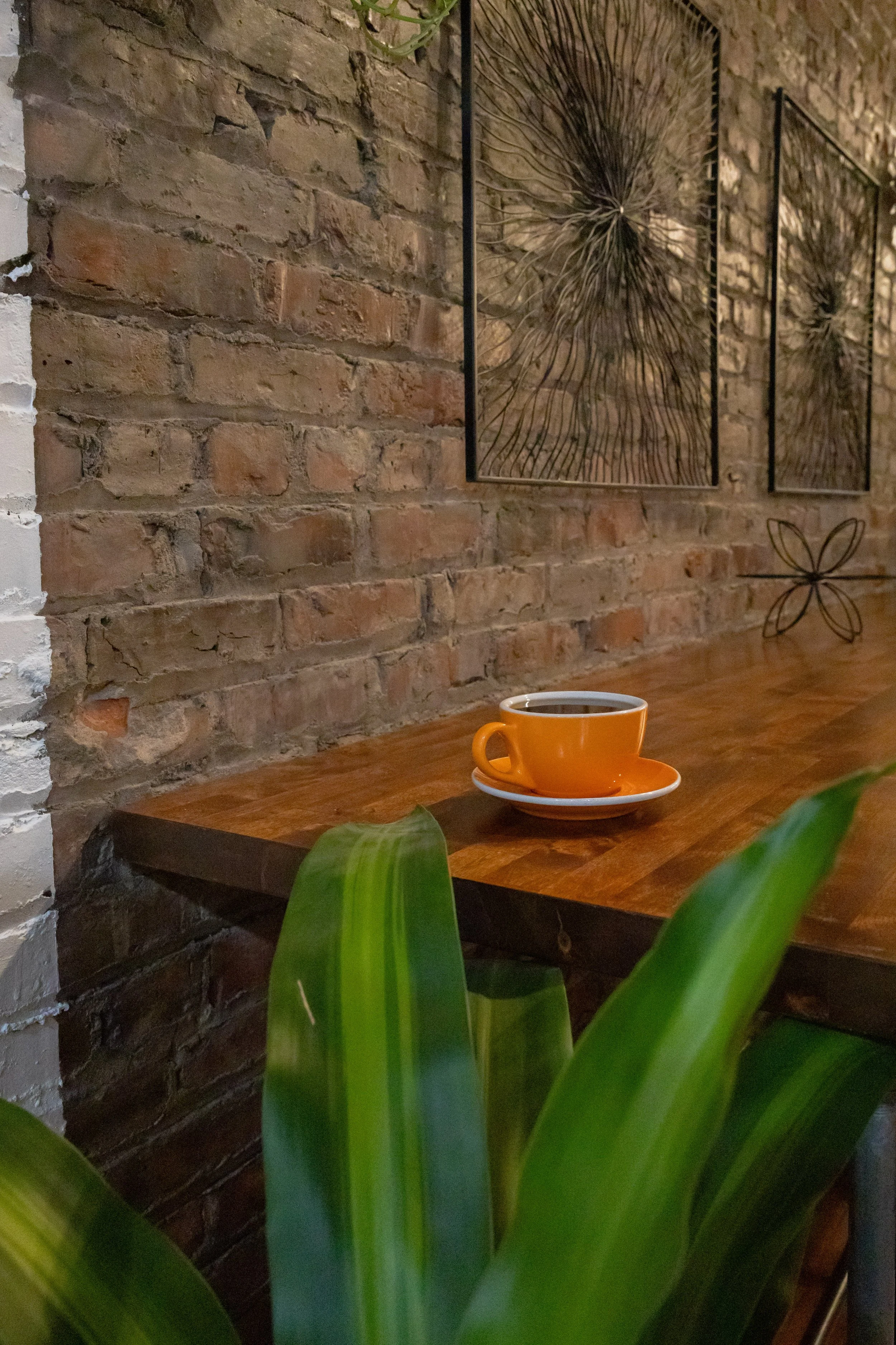 A wooden table with an orange coffee cup and saucer, brick wall background with decorative artwork, and green plant leaves in the foreground.