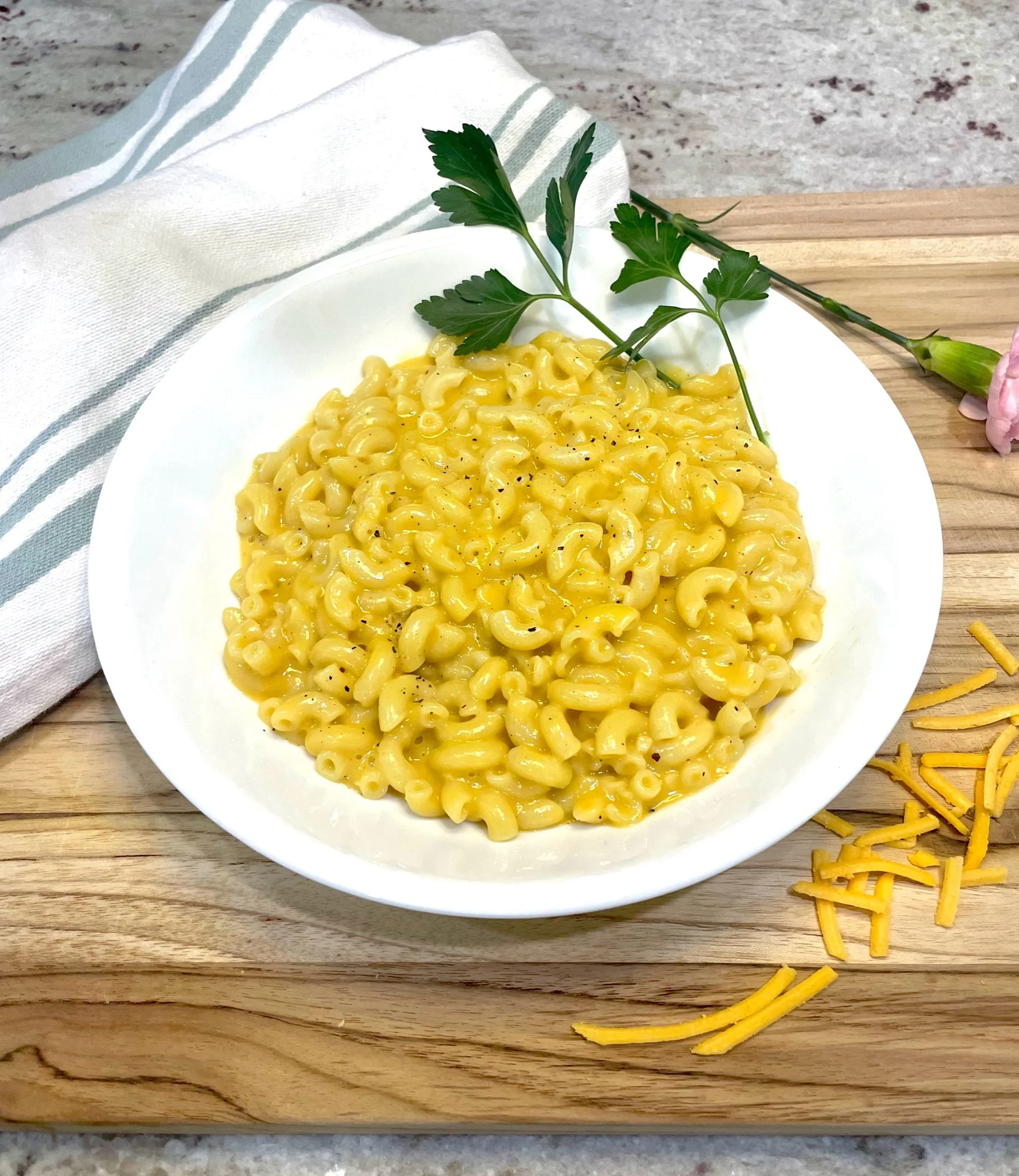 Close-up of rich and creamy dairy-free mac and cheese with a smooth velvety texture
