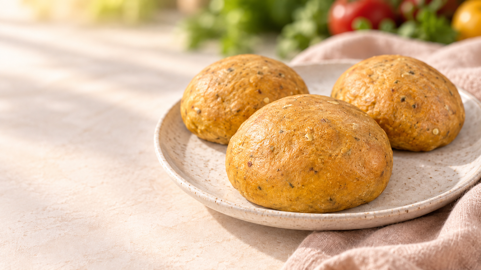Vegan seitan protein buns served on a plate