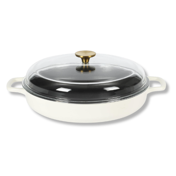Cream cast iron pan with glass lid