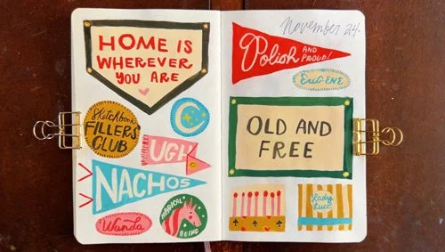 An open sketchbook displaying gouache paintings of retro-style badges, banners, and pennants in bright colors — promoting The Sketchbook Fillers’ Club, a creative course for playful sketchbook exploration.
