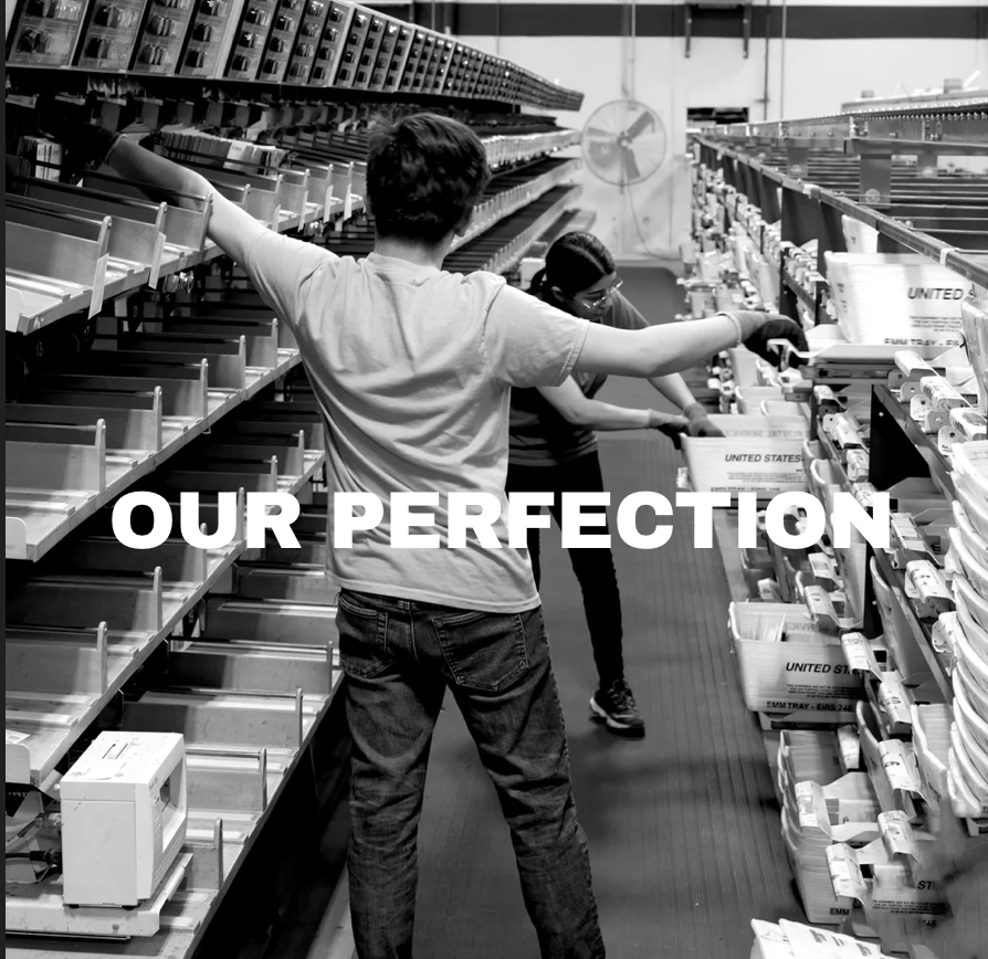 People organizing and stocking shelves in a retail store aisle with the words "Our Perfection" overlaid.