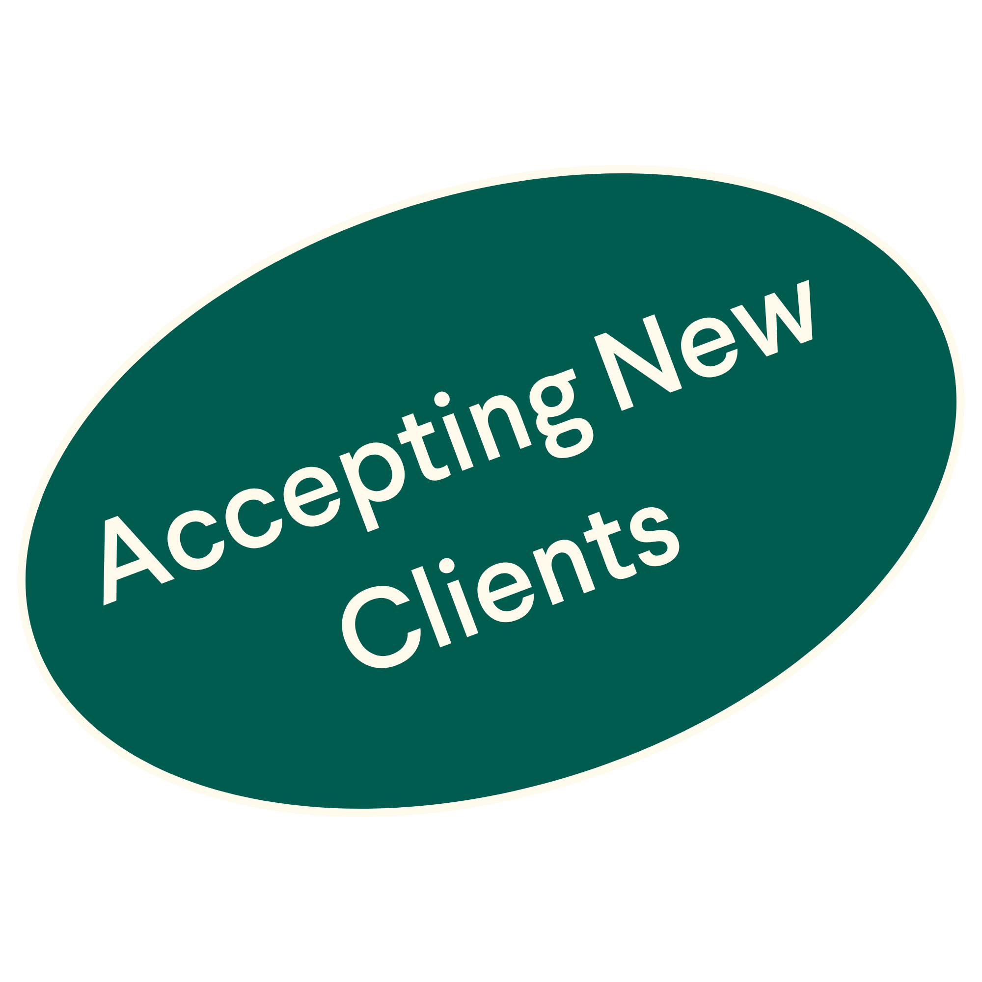 Close-up of a circular sticker or badge with a dark green background and white text that reads 'Accepting New Clients'.