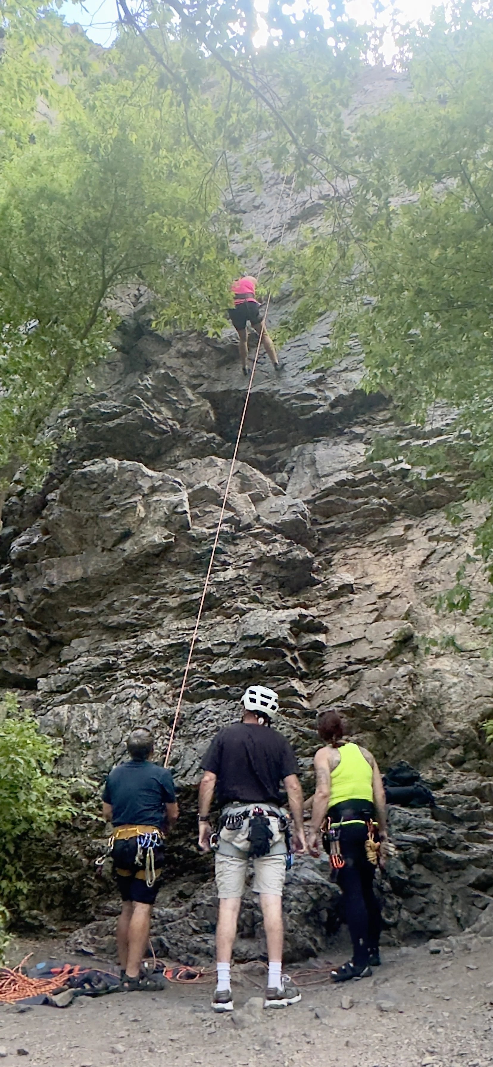 Three rock climbers preparing to belay a fourth climber ascending a rocky cliff in a wooded area.