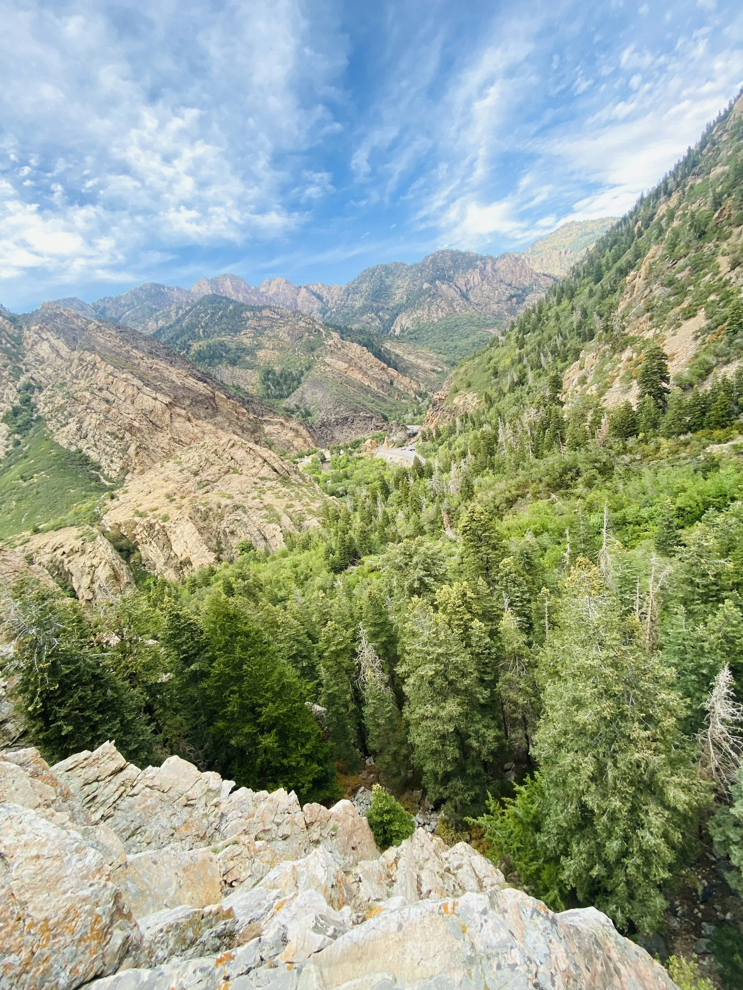 A scenic view of a lush green mountain landscape with dense trees, rocky slopes, and a partly cloudy blue sky.