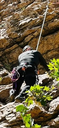 A person rappelling down a rocky cliff with climbing gear, harness, and a rope, surrounded by green foliage.
