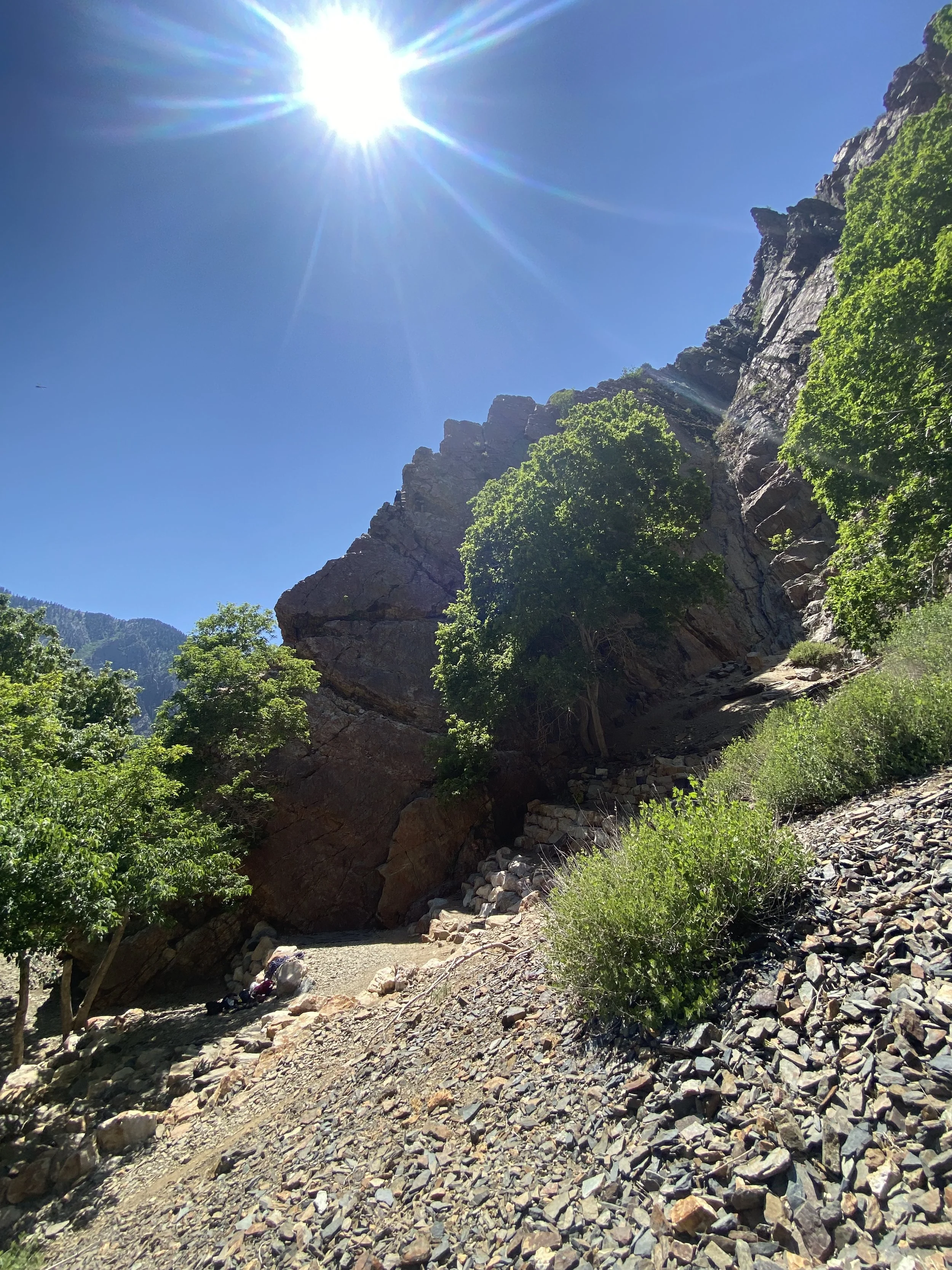 Sun shining brightly in a clear blue sky over a rocky mountain landscape with green trees and shrubs.