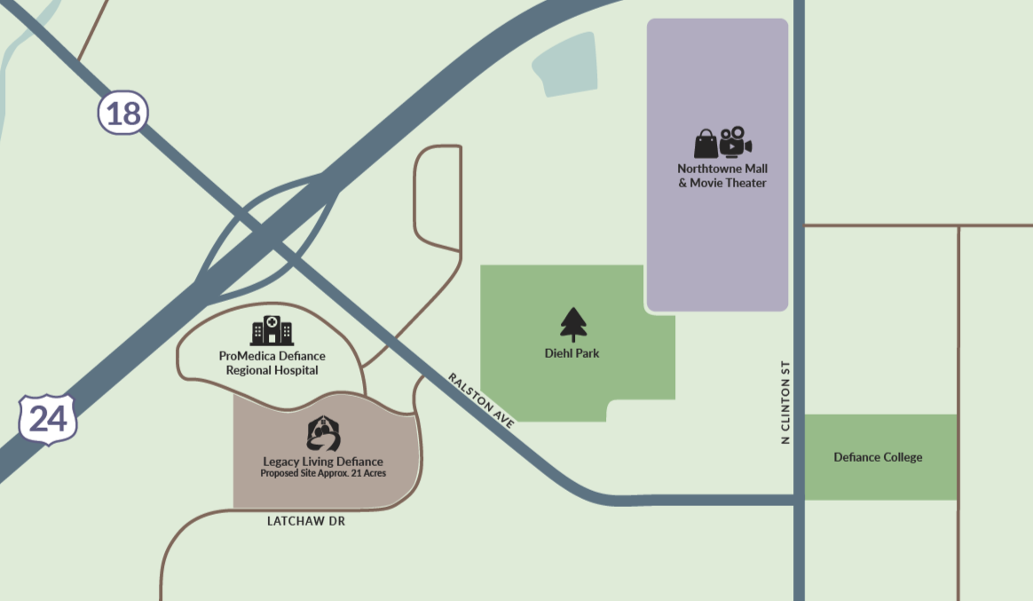Map showing roads, parks, a hospital, a theater, a college, and residential areas near highways 18 and 24.