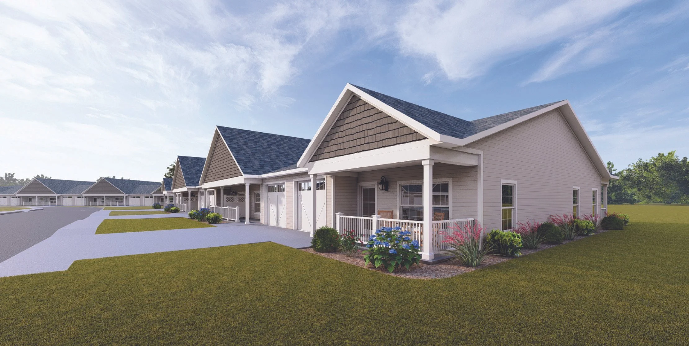A row of modern suburban houses with porches, green lawns, and landscaping under a partly cloudy sky.