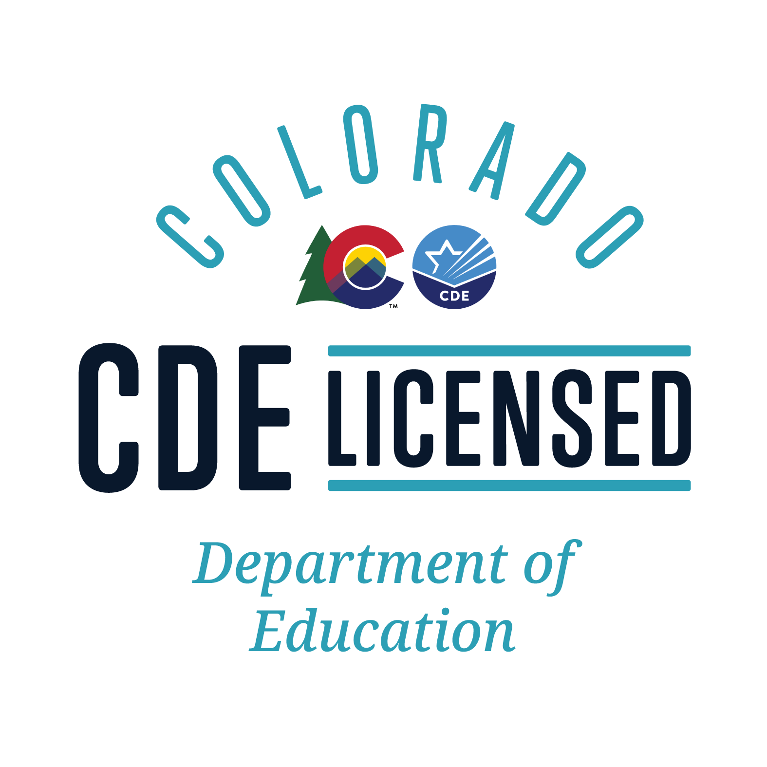 Colorado Department of Education CDE licensed badge with colorful logo and blue text on black background.