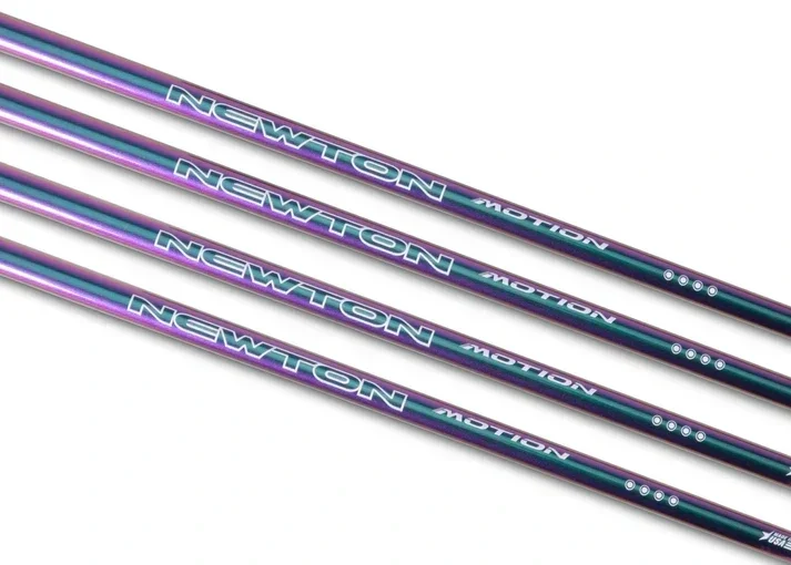 Four purple and blue golf clubs with the brand name 'NEWTON' and the word 'MOTION' printed on the shafts.