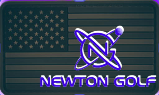 Sign with a logo of an atom and a golf ball, and the text 'Newton Golf' below, set against a background resembling the American flag.
