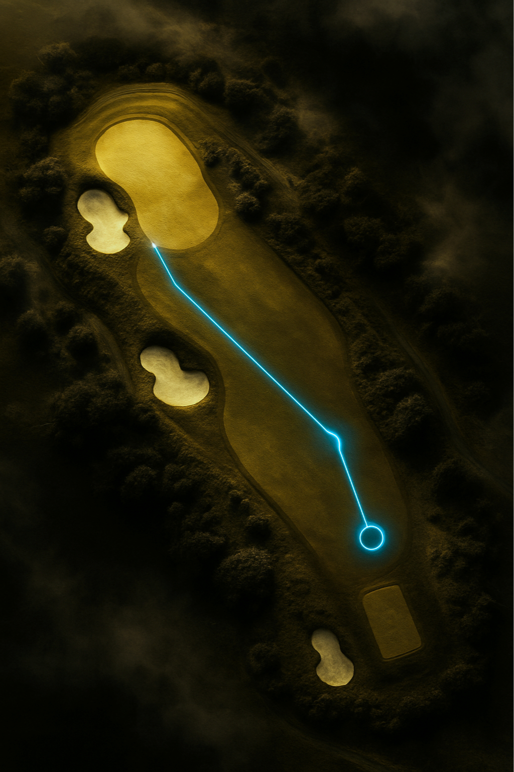 Top-down view of a golf course hole with sand traps, fairway, and a blue line indicating the golf ball's trajectory towards the hole.
