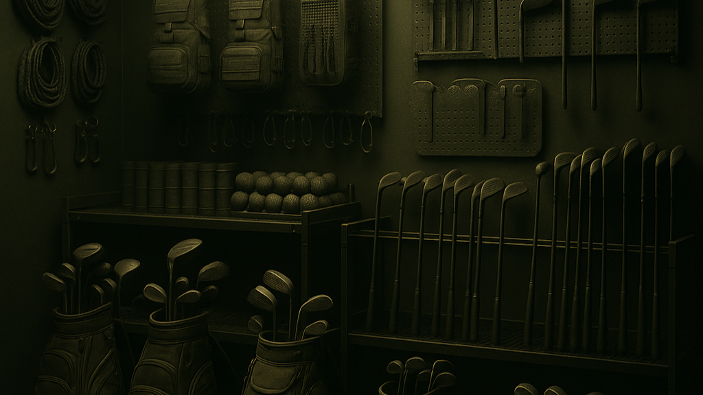 Golf club display with a variety of clubs, balls, and accessories in a dark green-colored retail or storage space.