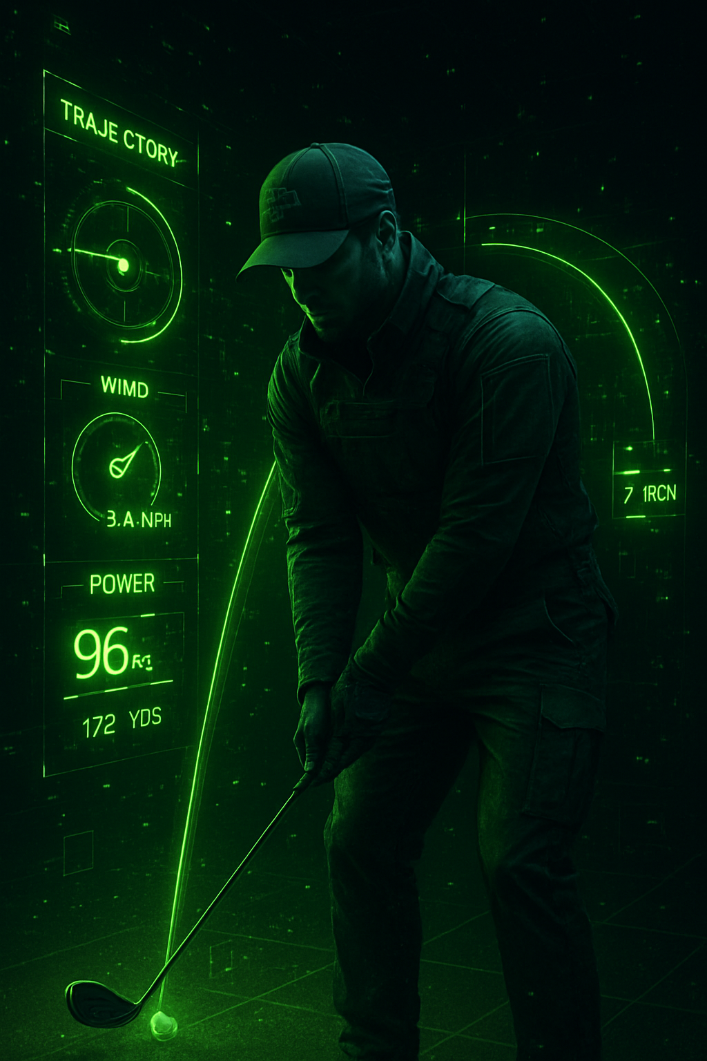 A man in dark clothing and a cap is putting in a golf swing indoors with a digital green-themed display showing golf statistics around him.