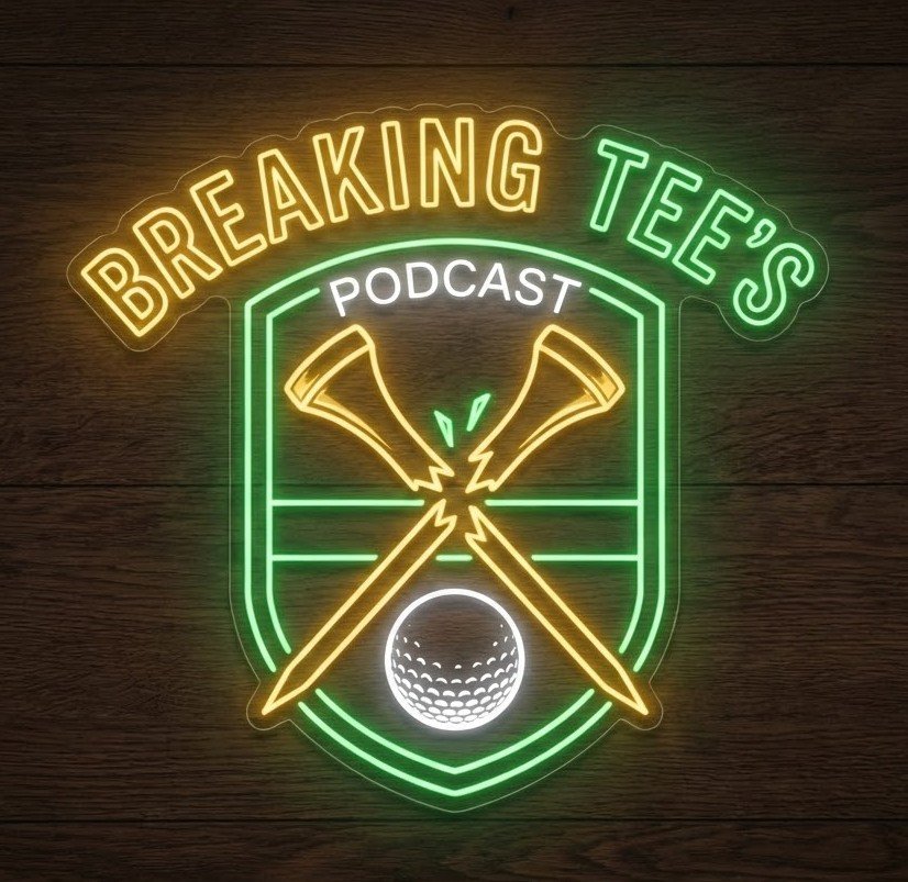 Neon sign with gold, green, white colors reading 'Breaking Tee's Podcast' with a shield shape, golf clubs, and a golf ball.