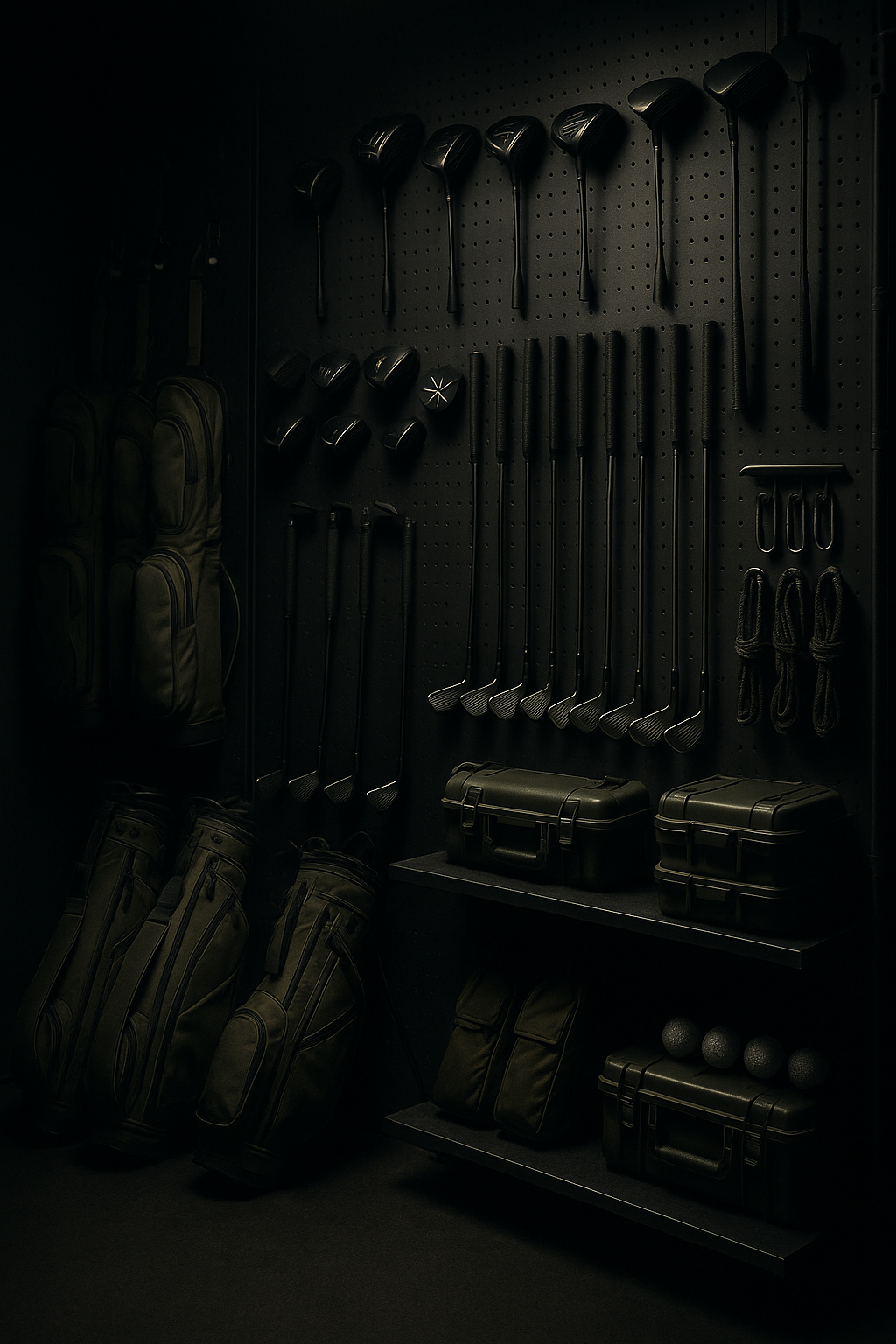 Wall with golf clubs, golf bags, and accessories in a darkly lit room or closet.