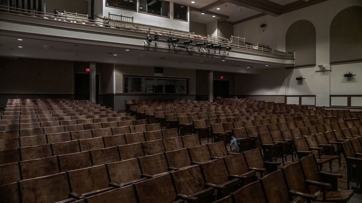 Empty theater with wooden seats and balconies