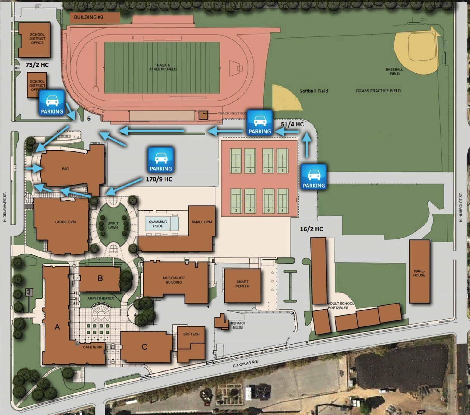 A detailed school campus map showing athletic fields, building labels, parking areas, gymnasiums, auditorium, cafeteria, and additional facilities with directional arrows for vehicle flow.
