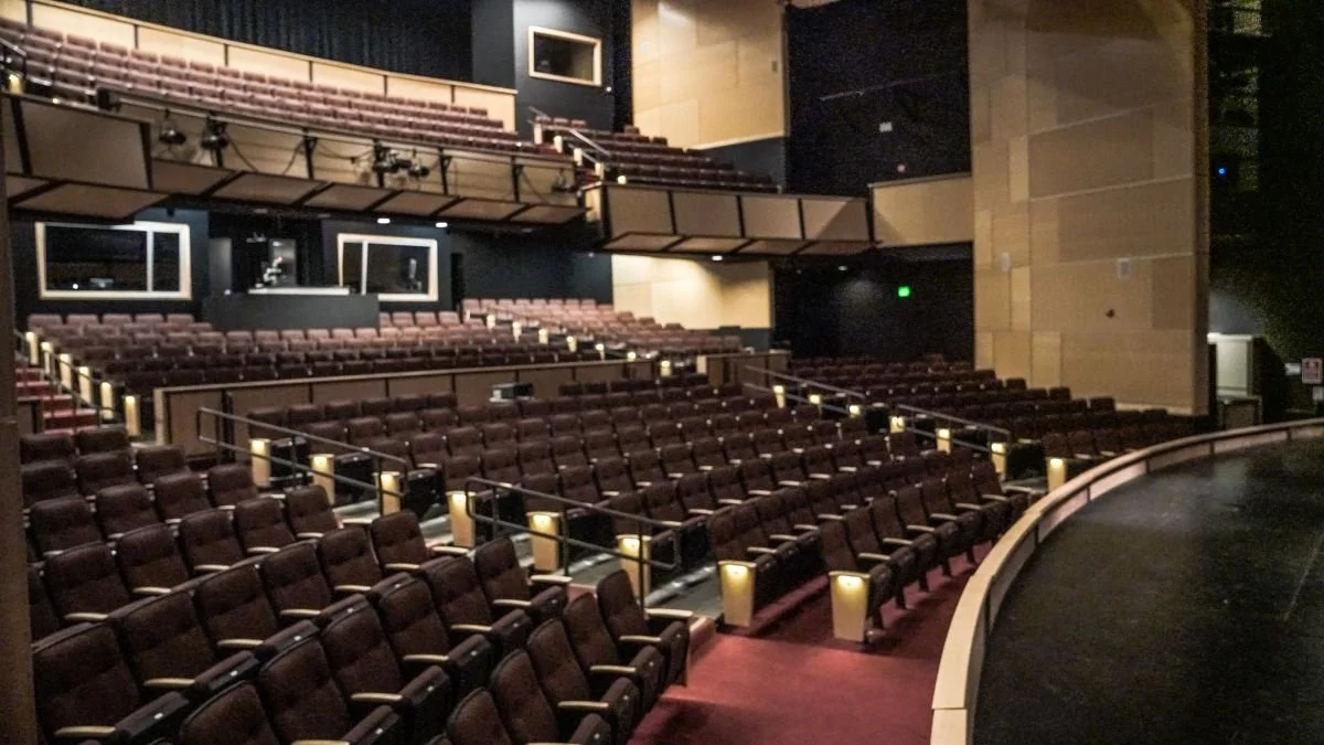 Empty theater with rows of brown seats and small aisle lights, stage area in front.