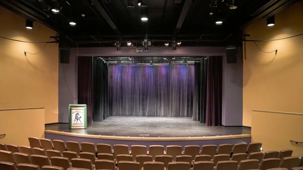 Empty theater stage with closed curtains and a podium at the front, facing rows of theater seats.