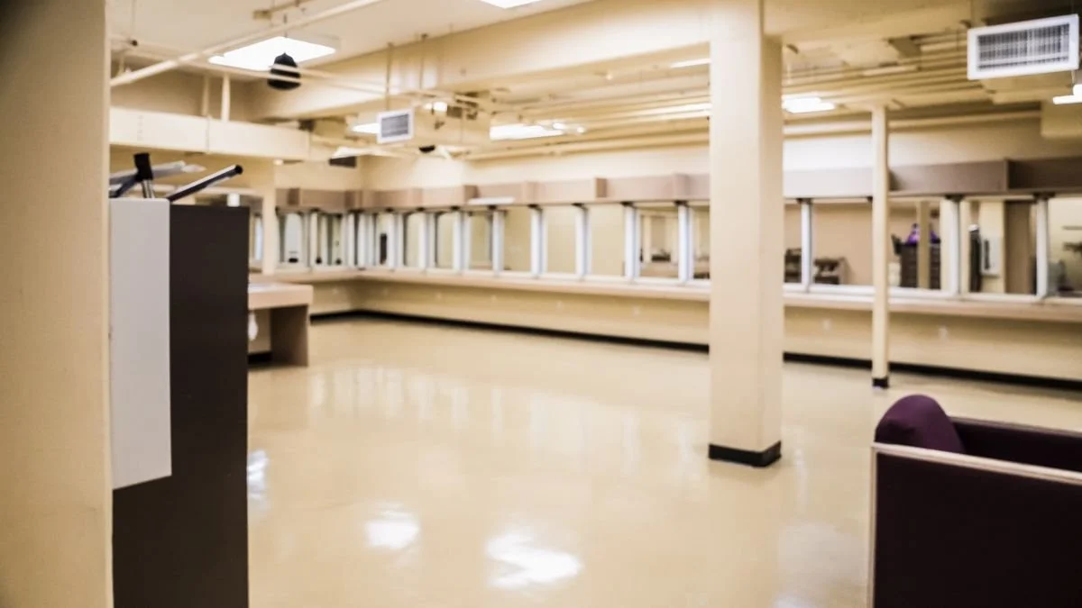Empty bank branch teller counters with chairs and checkout stations