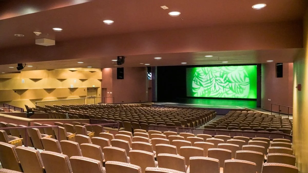 Empty theater with rows of brown seats facing a green-lit stage or screen.