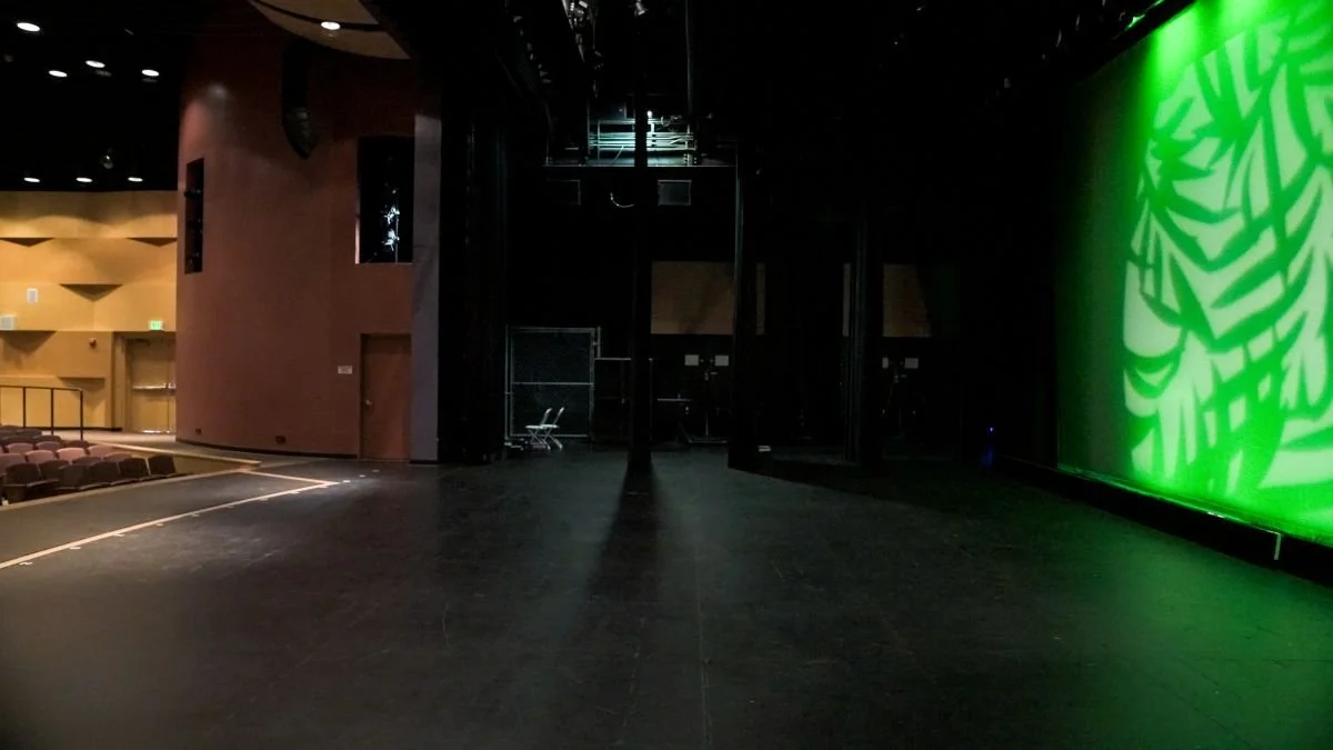 Empty theater stage with dark flooring, green illuminated backdrop with abstract pattern, and red auditorium seats to the left.