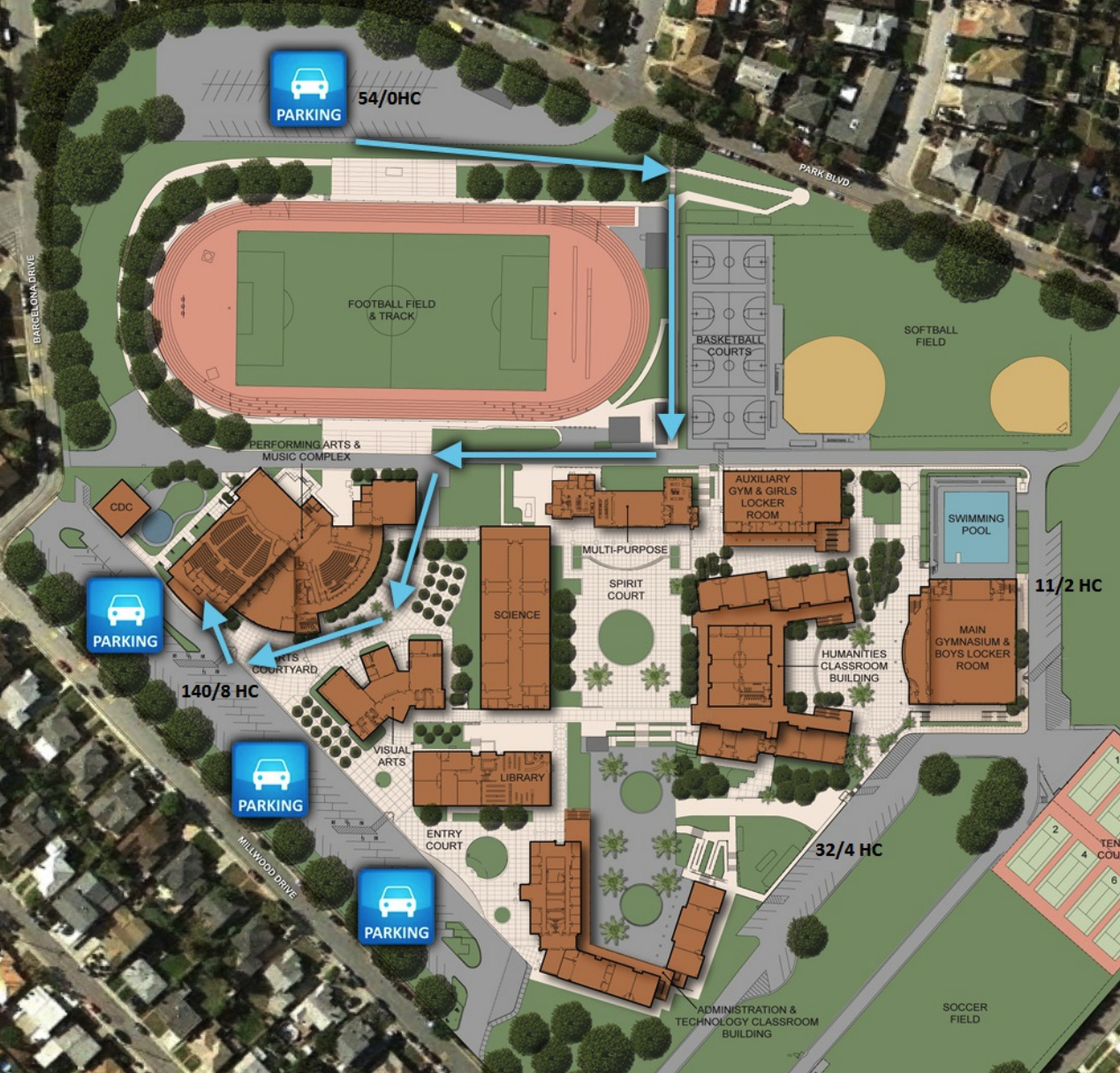 Overview map of school campus showing parking lots, football field, basketball courts, softball field, swimming pool, buildings for arts, science, library, gym, auditorium, and other facilities.